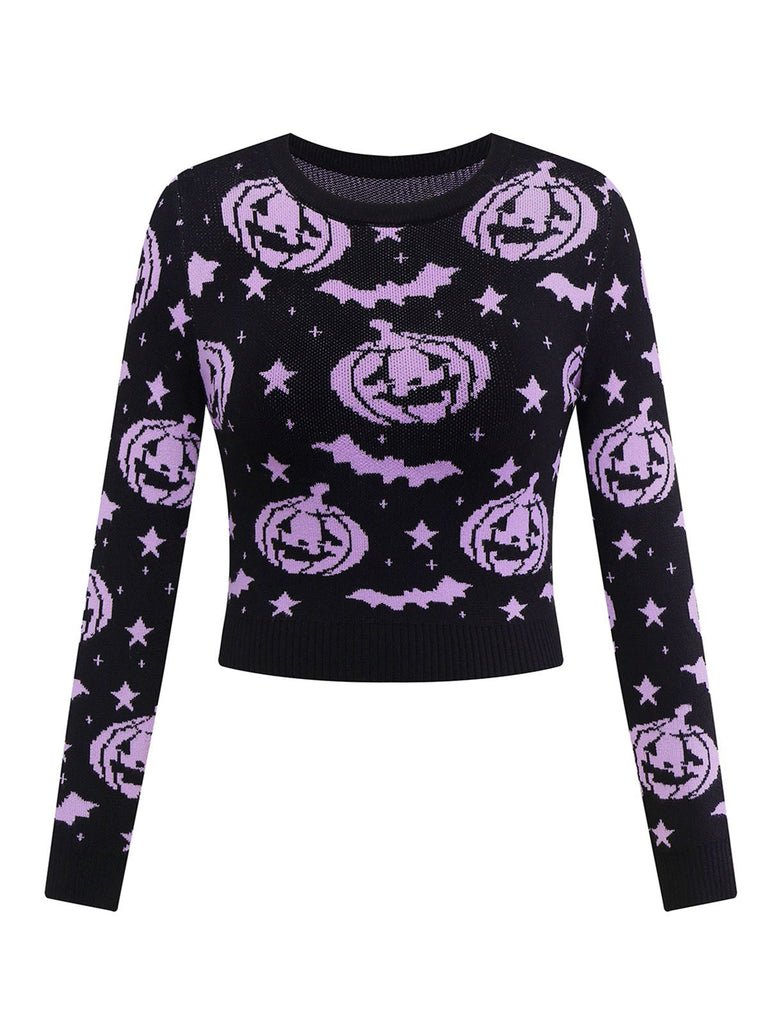 Maglione lavorato a maglia con pipistrello e zucca nero anni '70