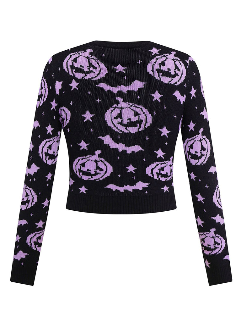 Maglione lavorato a maglia con pipistrello e zucca nero anni '70