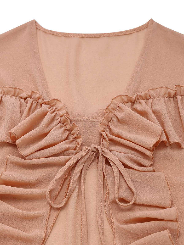 Blusa boho tinta unita con volant a cascata anni '70