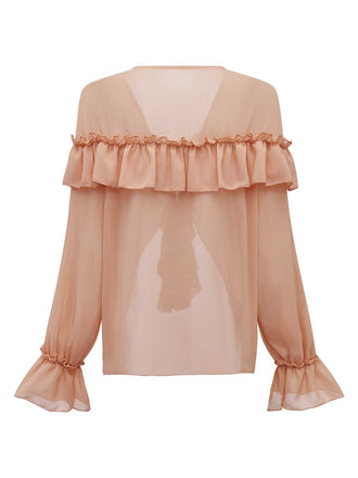 Blusa boho tinta unita con volant a cascata anni '70