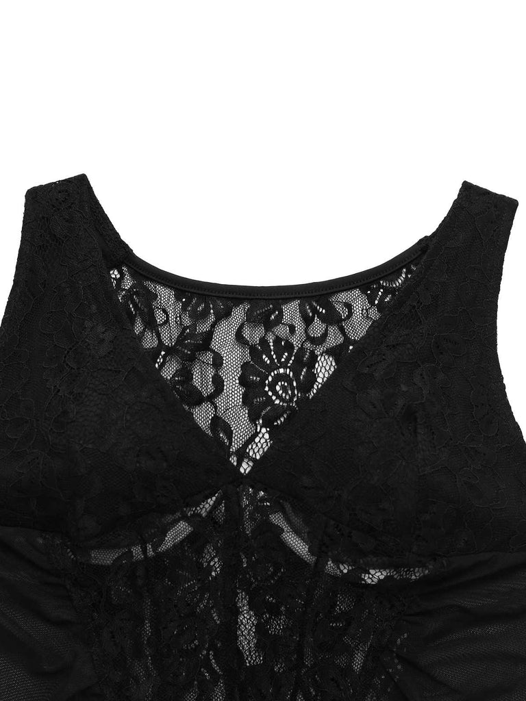 2PCS Top e gonna floreale trasparenti in pizzo nero anni '60