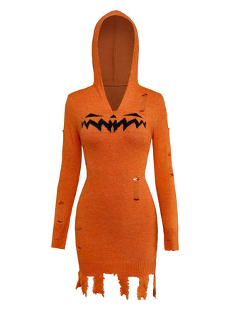 Abito in maglia zucca con cappuccio Halloween arancione anni '70