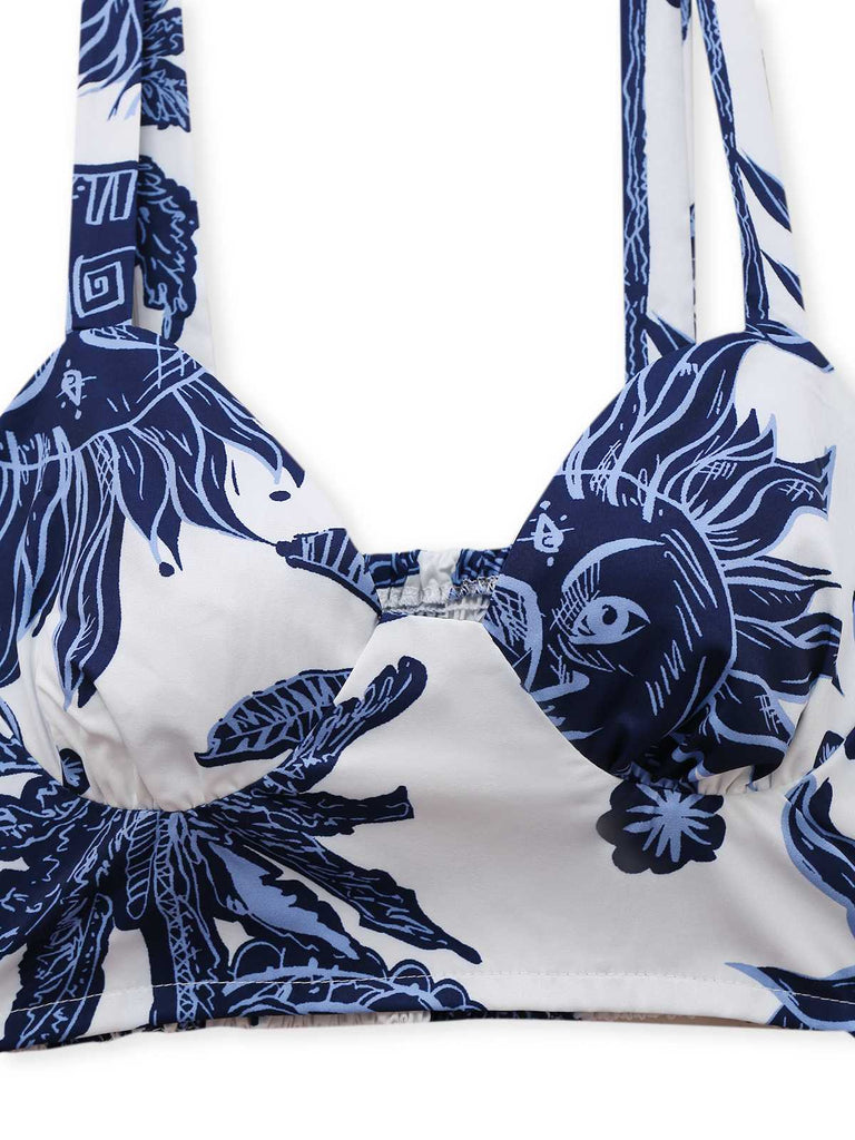 2PCS Top corta e pantaloni boho blu anni '70