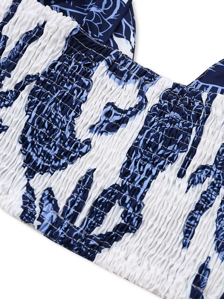 2PCS Top corta e pantaloni boho blu anni '70