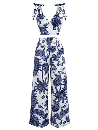 2PCS Top corta e pantaloni boho blu anni '70