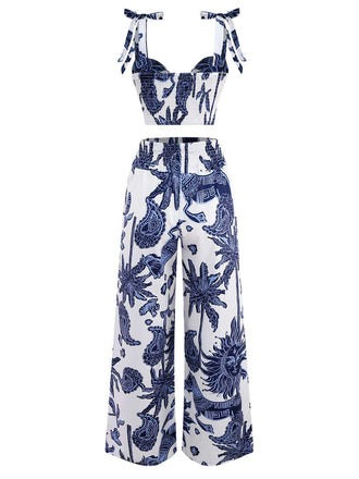 2PCS Top corta e pantaloni boho blu anni '70