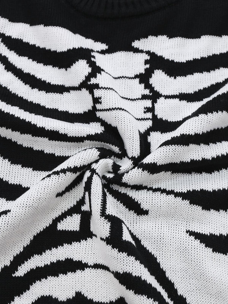 Maglione lavorato a maglia con scheletro Halloween nero anni '50