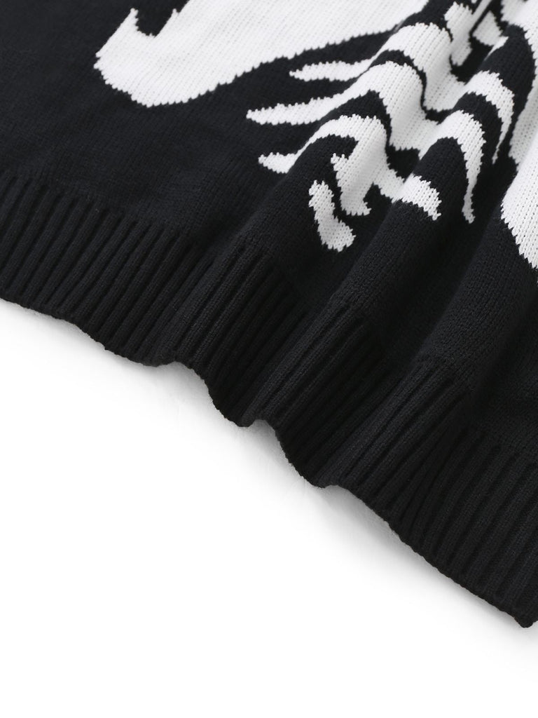 Maglione lavorato a maglia con scheletro Halloween nero anni '50