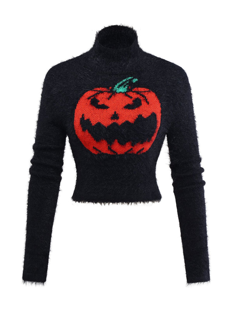 Maglione in finto visone con zucca Halloween nero anni '70
