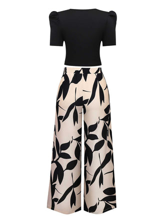 2PCS Top a tinta unita e pantaloni stampa a foglie anni '70