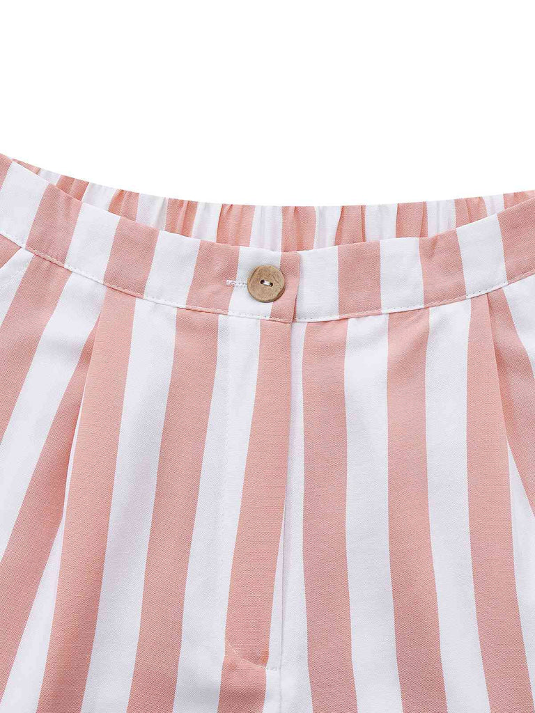 2pcs Gilet a righe con scollo quadrato e pantaloncini cachi anni '60