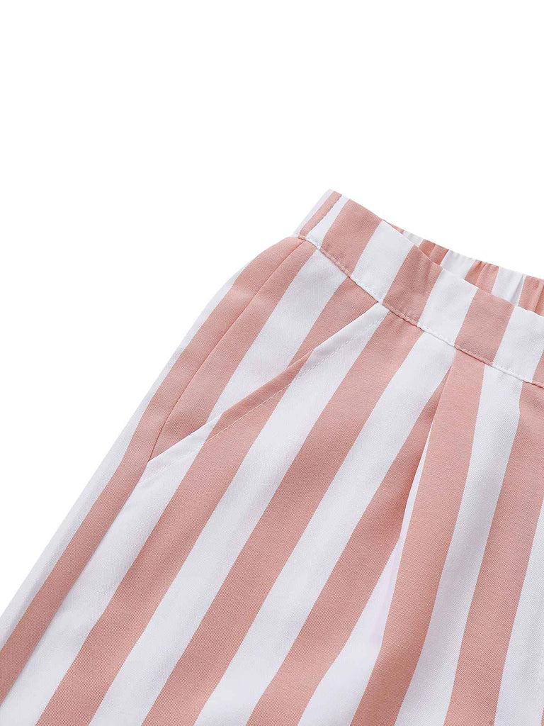 2pcs Gilet a righe con scollo quadrato e pantaloncini cachi anni '60