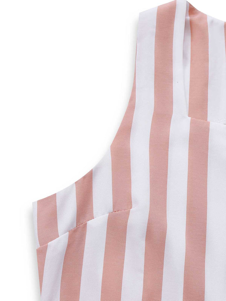 2pcs Gilet a righe con scollo quadrato e pantaloncini cachi anni '60