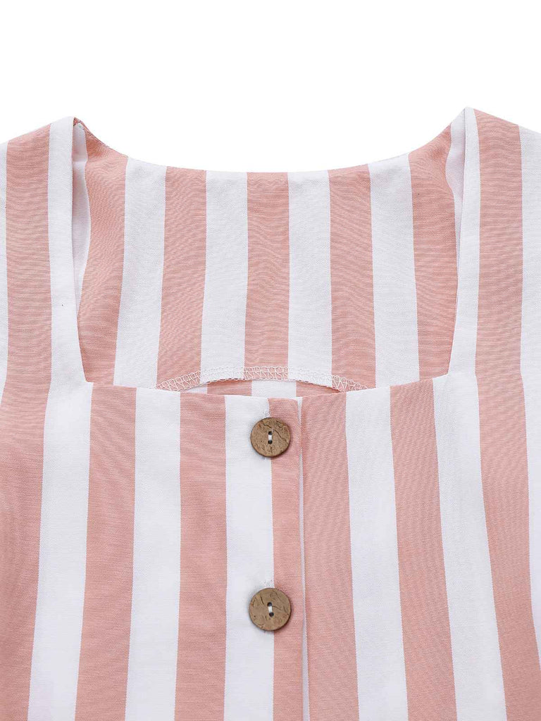 2pcs Gilet a righe con scollo quadrato e pantaloncini cachi anni '60