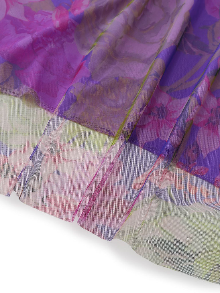 Abito da sera monospalla con 3D floreale in rete viola anni '30