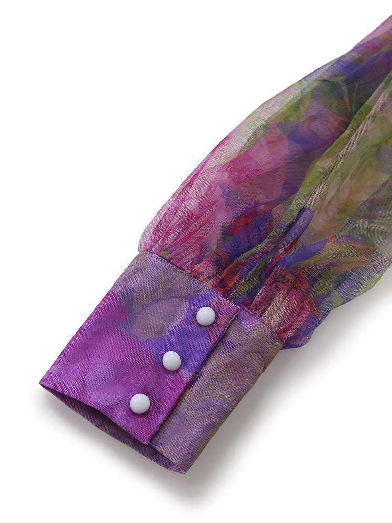 Abito da sera monospalla con 3D floreale in rete viola anni '30