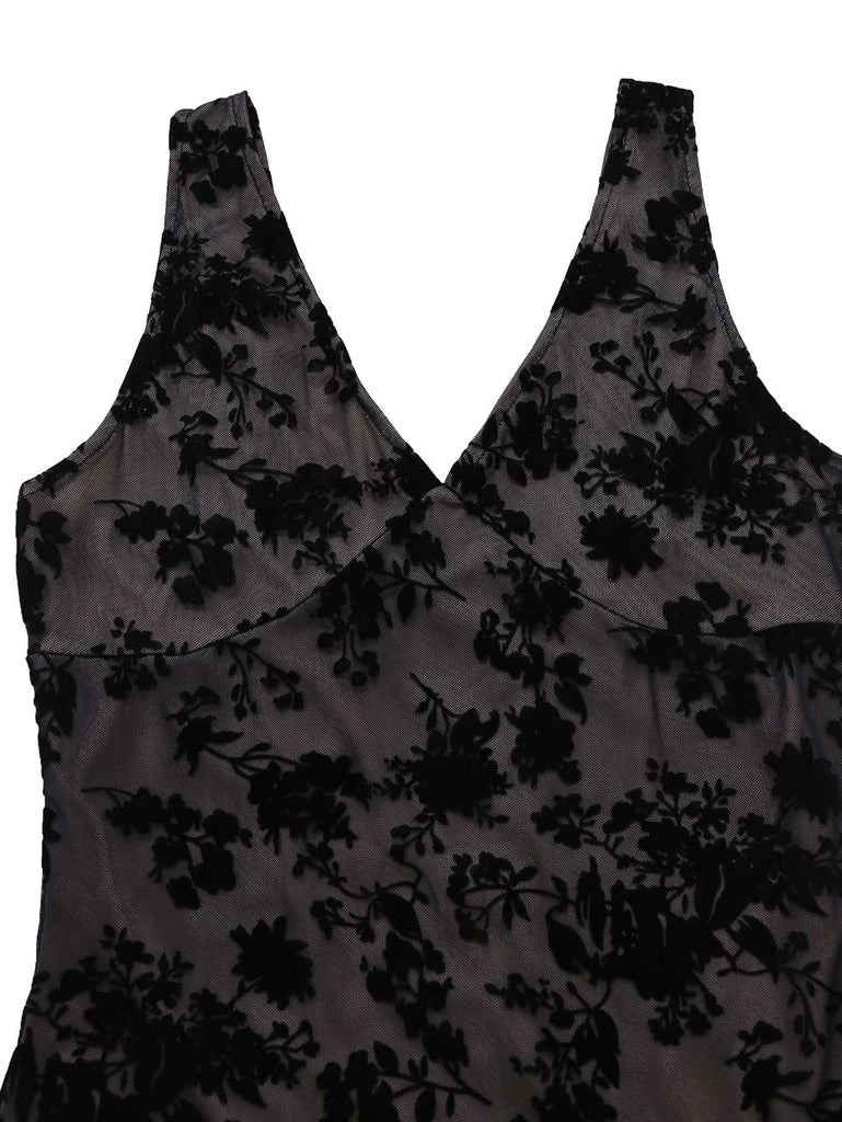 Abito floreale con scollo a V orlo a balze e rete floccata anni '60