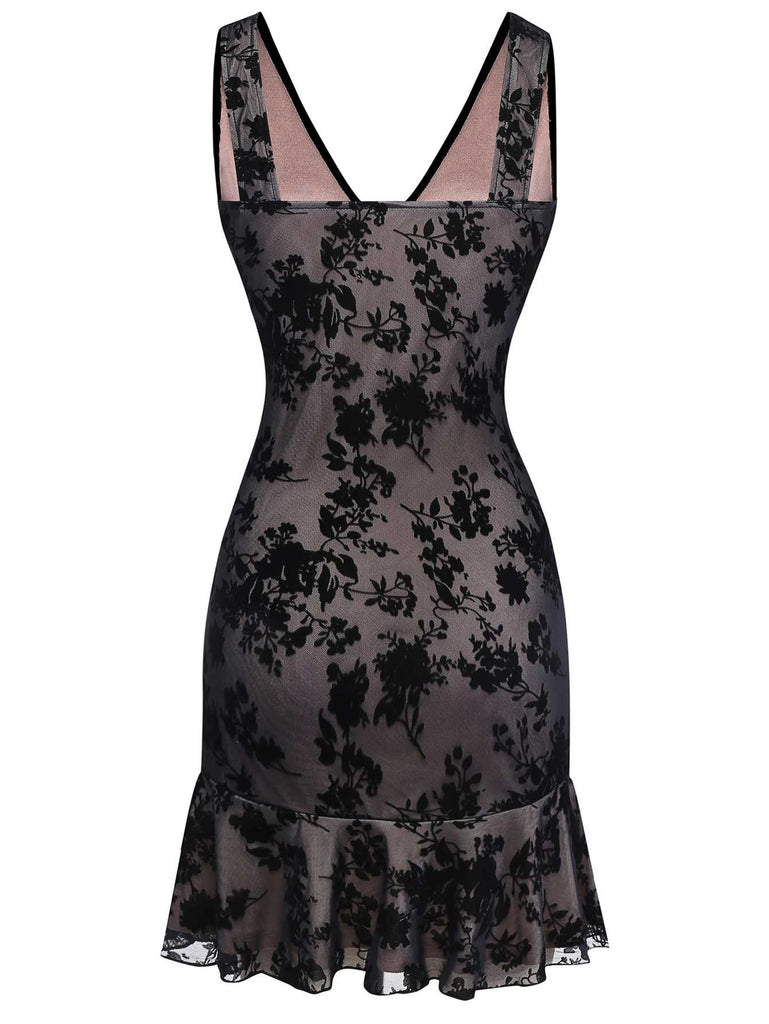 Abito floreale con scollo a V orlo a balze e rete floccata anni '60