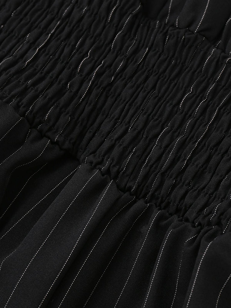 Tuta lunga a righe con spalline annodate e vita arricciata nero anni '50