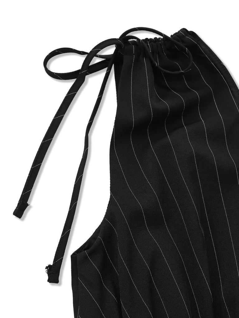 Tuta lunga a righe con spalline annodate e vita arricciata nero anni '50