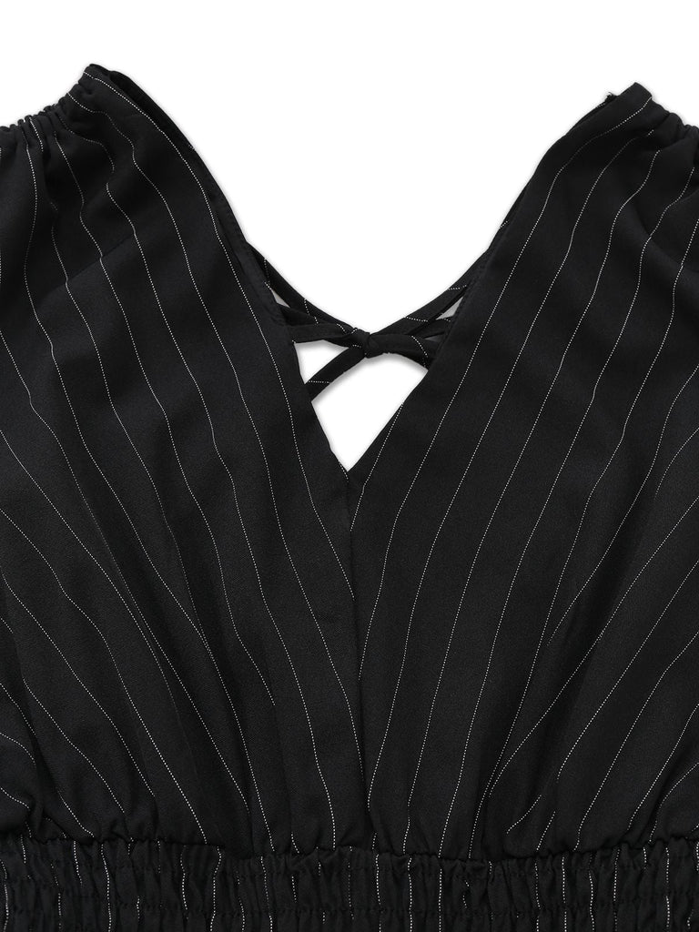 Tuta lunga a righe con spalline annodate e vita arricciata nero anni '50