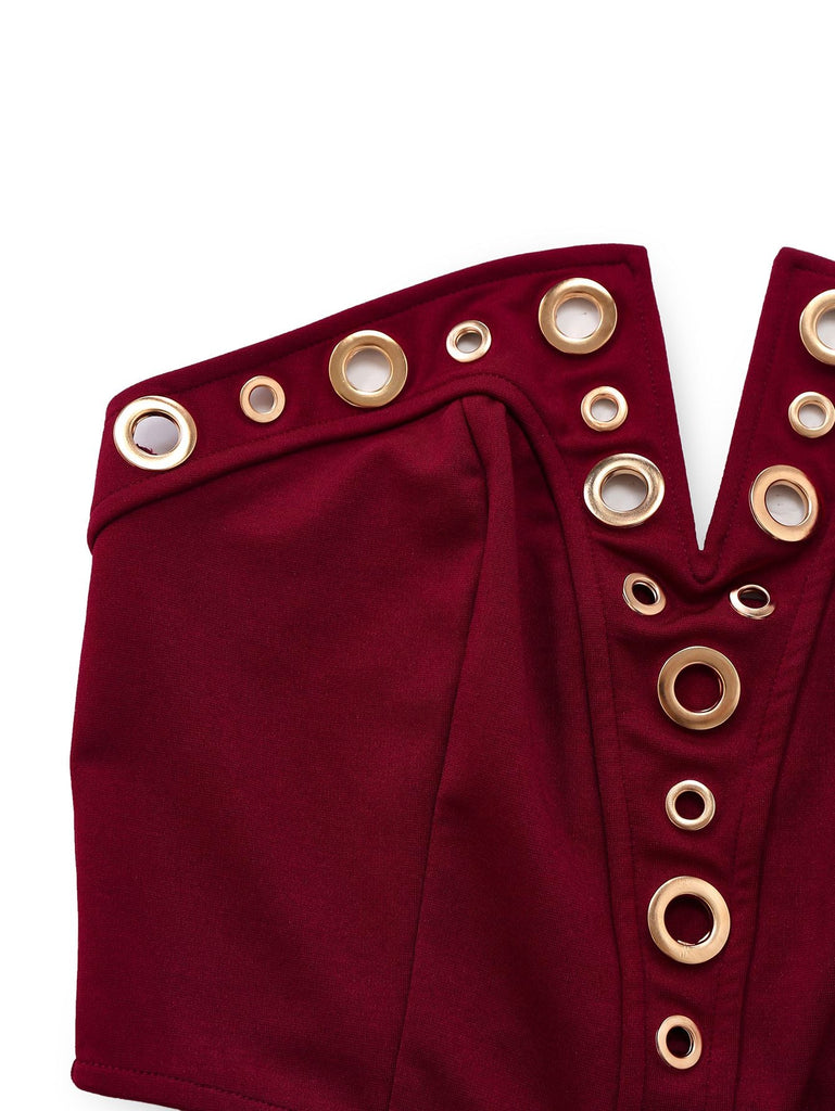 2PCS Top punk senza spalline con fibbia in metallo e pantaloni anni '70