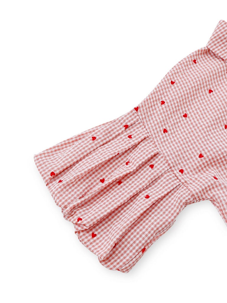 Abito a quadri a forma di cuore maniche a lanterna rosa anni '40