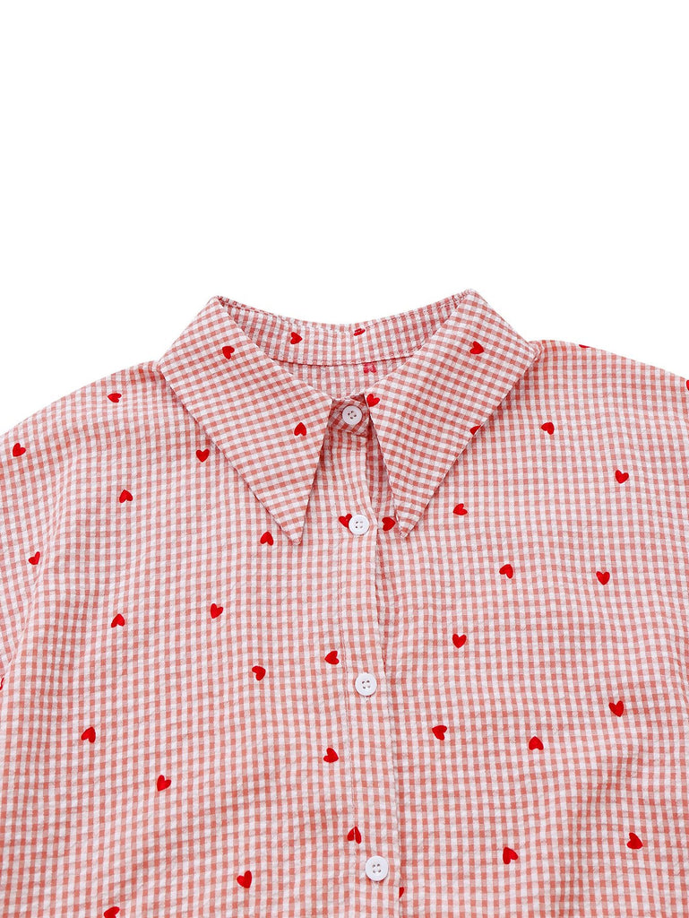 Abito a quadri a forma di cuore maniche a lanterna rosa anni '40