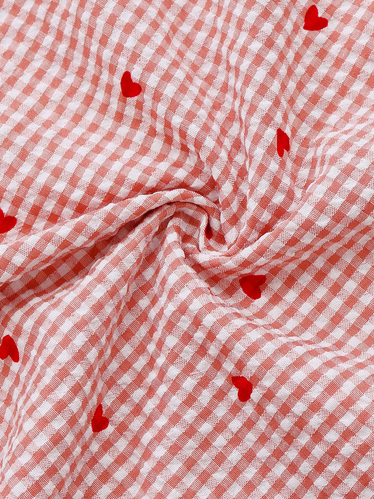 Abito a quadri a forma di cuore maniche a lanterna rosa anni '40