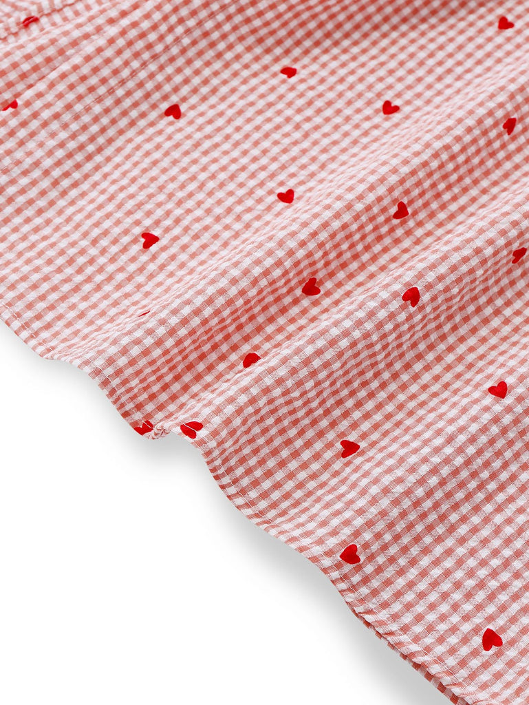 Abito a quadri a forma di cuore maniche a lanterna rosa anni '40