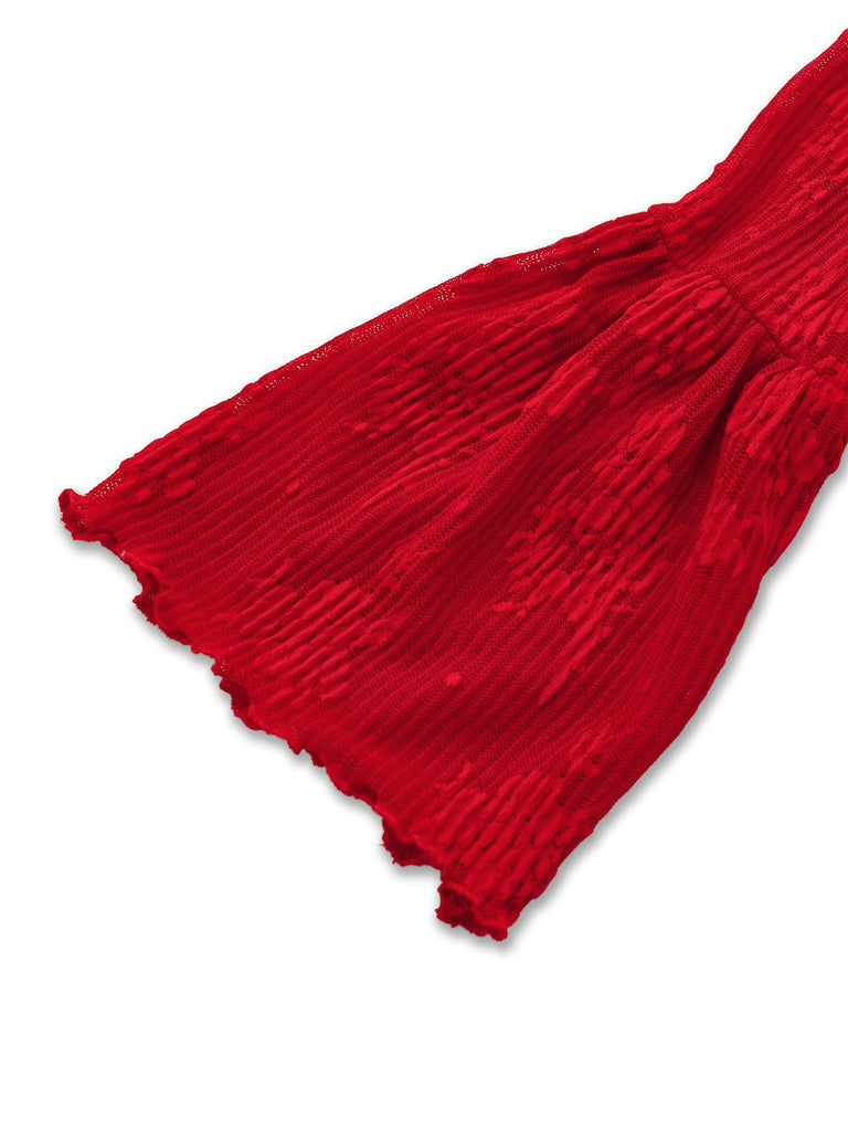 Abito floreale in maglia con maniche a campana e fiocco rosso anni '60