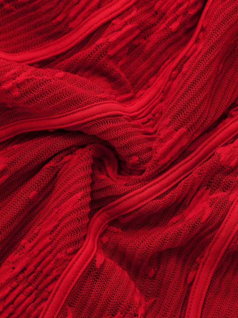 Abito floreale in maglia con maniche a campana e fiocco rosso anni '60