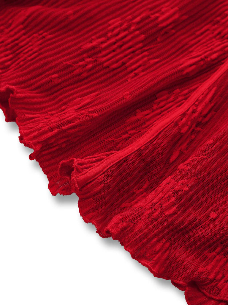 Abito floreale in maglia con maniche a campana e fiocco rosso anni '60