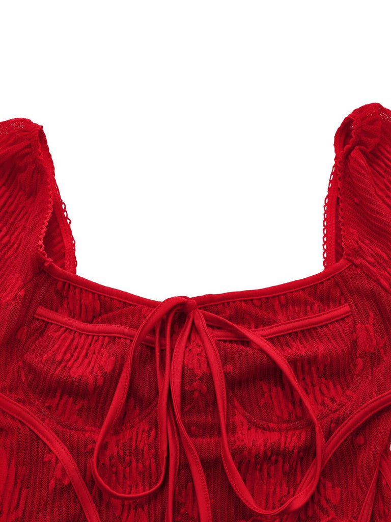 Abito floreale in maglia con maniche a campana e fiocco rosso anni '60