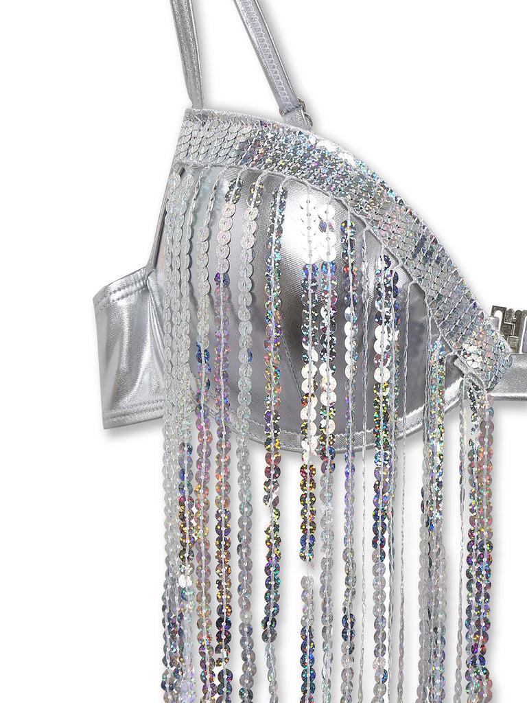 Bikini con frange in paillettes olografiche argento anni '70