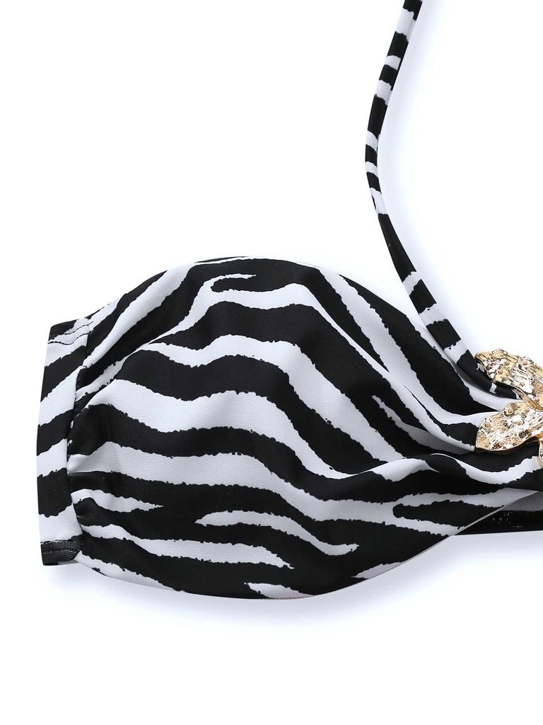 Bikini a fascia con stampa zebrata e stelle marine anni '60