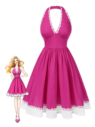 Abito in cotone e pois con scollo all'americana rosa anni '50