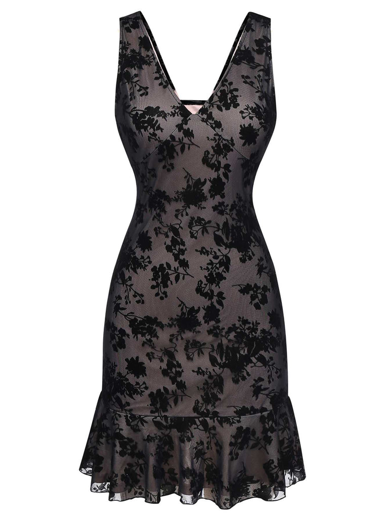 Abito floreale con scollo a V orlo a balze e rete floccata anni '60