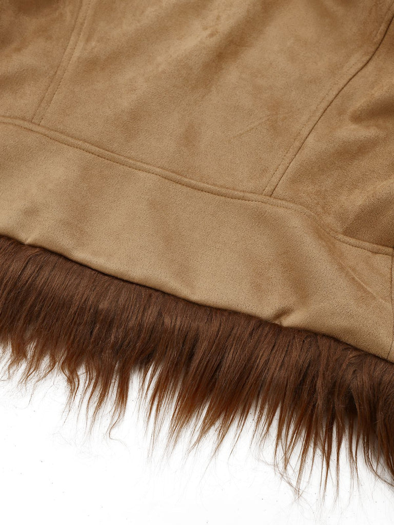 Giacca con rose ricamate in pelliccia sintetica scamosciata anni '70