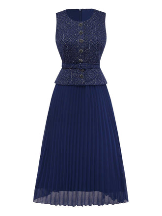 Abito plissettato senza maniche con cintura e bottoni di perle anni '60