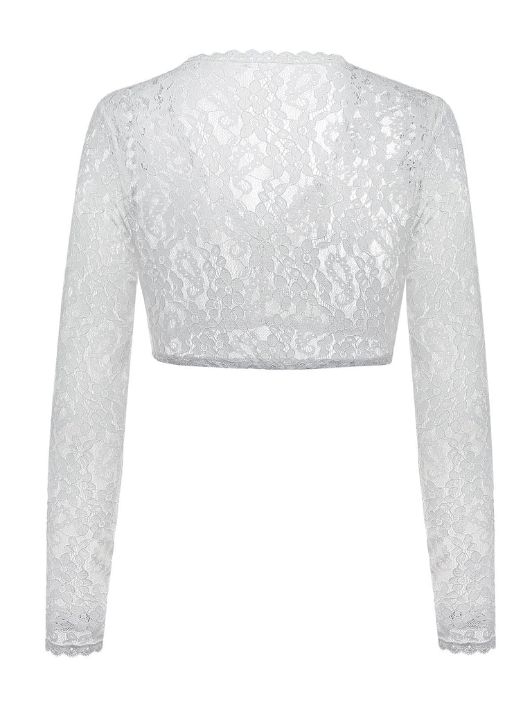 Top Bianco Anni '50 Floreale in Pizzo Long Sleeves Cropped 2