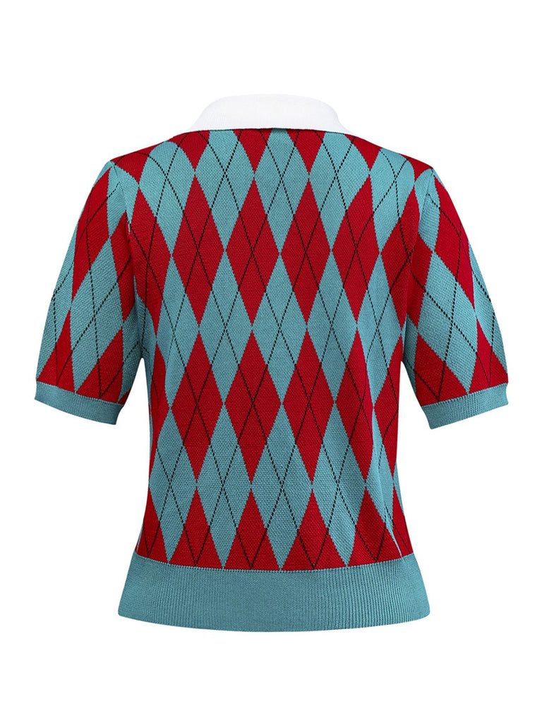 Maglione a griglia con motivo a rombi e colletto a revers anni '30