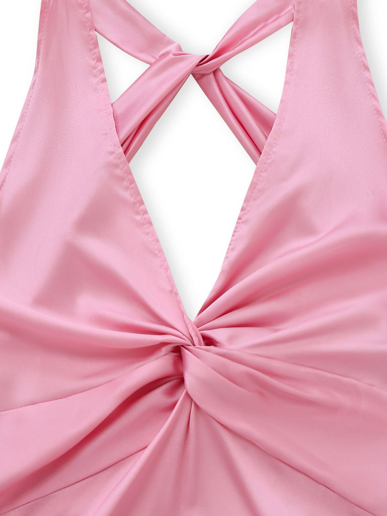 Abito midi in raso con scollo a V e arricciatura rosa anni '30