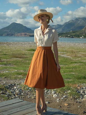 Abito bottoni con revers tinta unita cachi anni '50