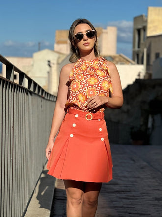 2PCS Top floreale scollo a cravatta e gonna bottoni anni '60