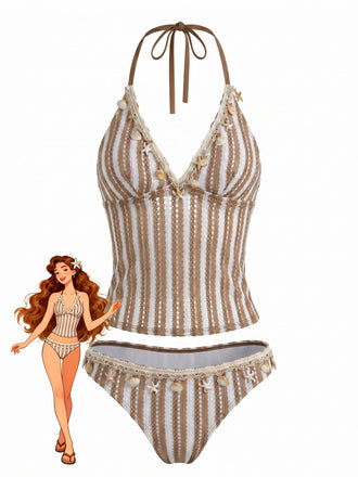 [Pre-Vendita] Set Tankini in Crochet a Righe con Ornamenti Conchiglie e Stella di Mare 3D Kaki Anni '50