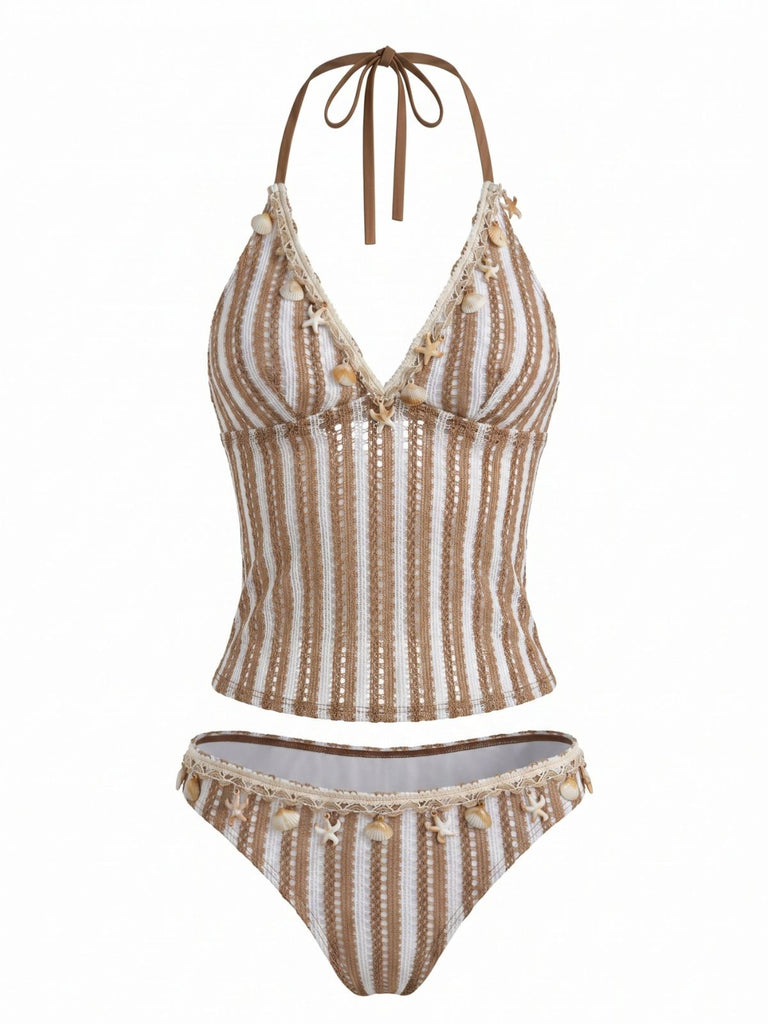 [Pre-Vendita] Set Tankini in Crochet a Righe con Ornamenti Conchiglie e Stella di Mare 3D Kaki Anni '50 2