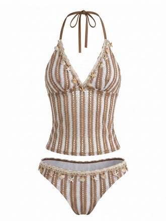 [Pre-Vendita] Set Tankini in Crochet a Righe con Ornamenti Conchiglie e Stella di Mare 3D Kaki Anni '50 2