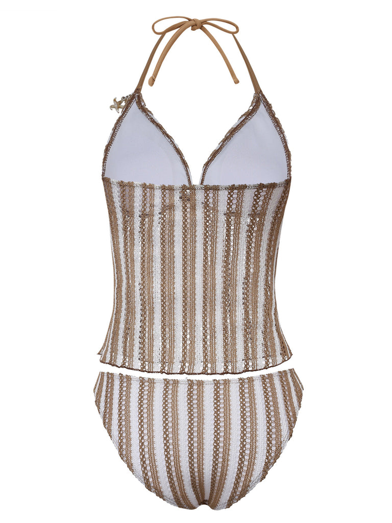[Pre-Vendita] Set Tankini in Crochet a Righe con Ornamenti Conchiglie e Stella di Mare 3D Kaki Anni '50 3