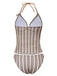 [Pre-Vendita] Set Tankini in Crochet a Righe con Ornamenti Conchiglie e Stella di Mare 3D Kaki Anni '50 3